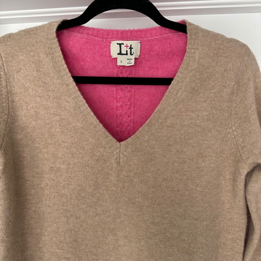 Label + Thread Wool Cashmere V-neck Colorblock Sweater Tan Pink Size‎ Small - Picture 6 of 13